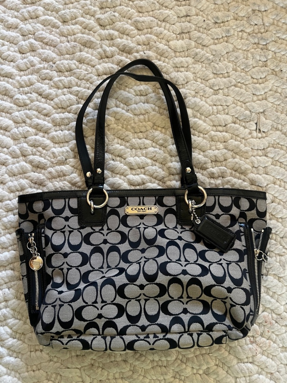 Coach Black and Tan Signature Tote with Leather Trim - Picture 2 of 6